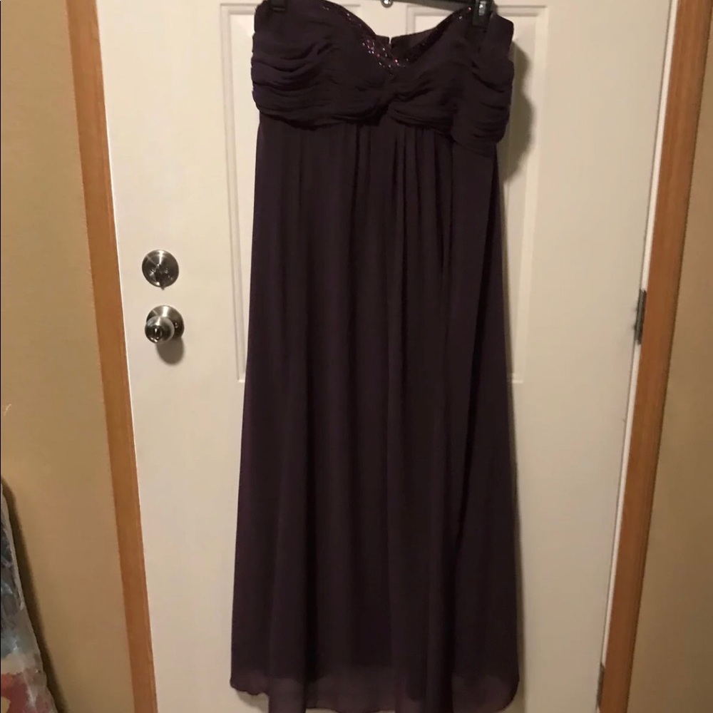 Dark plum floor length strapless dress